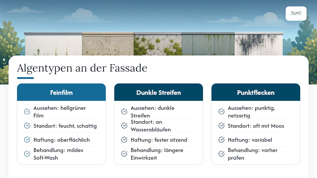 Vergleich typischer Algenbeläge an Fassaden