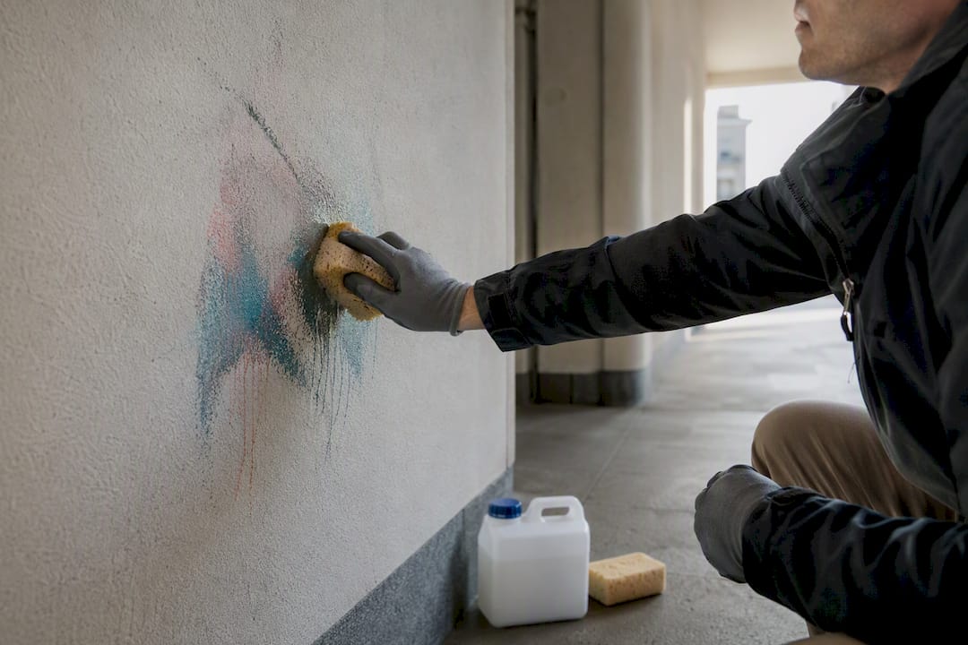 Hand reinigt ein kleines Graffiti von einer Wand