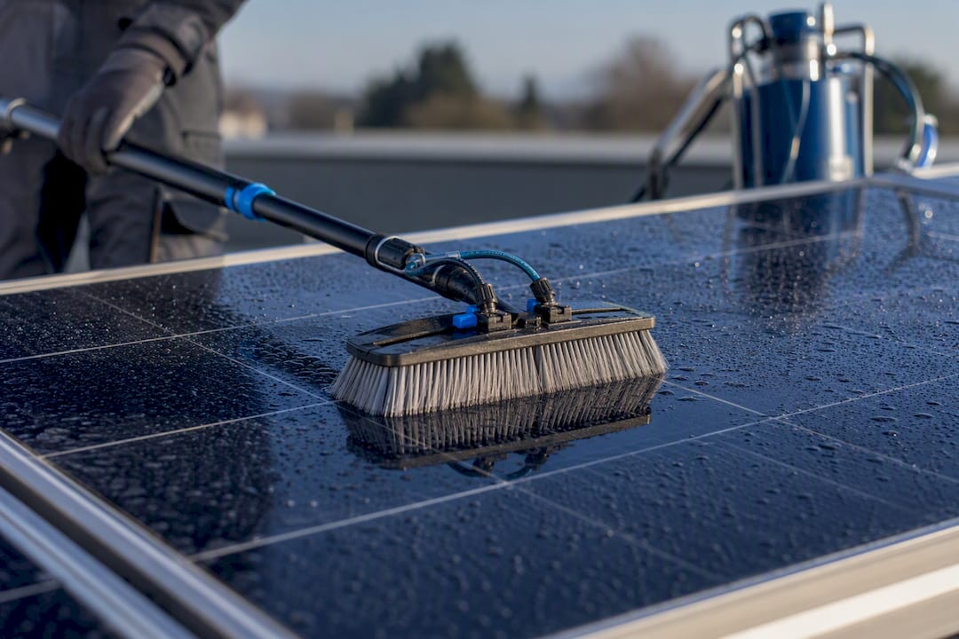 Professionelle Reinigung eines Solarmoduls mit Wasser