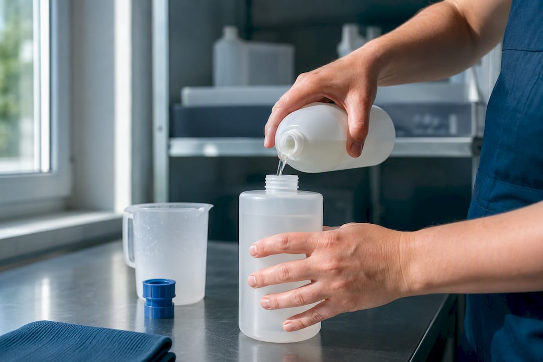 Reinigungskraft mischt konzentriertes Reinigungsmittel mit Wasser